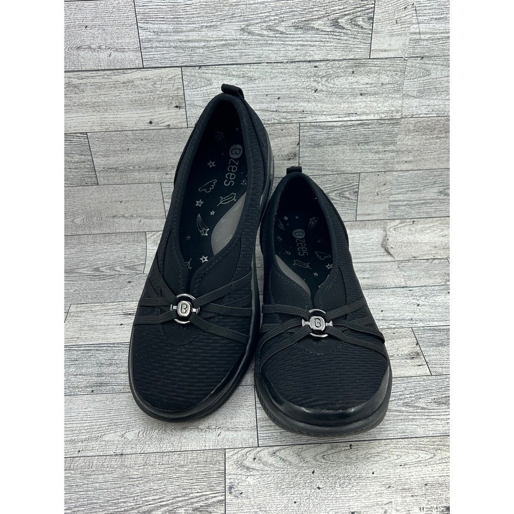 Bzees Niche Women 10M Black Stretch Fabric Slip On Comfort Flat Shoes Washable
